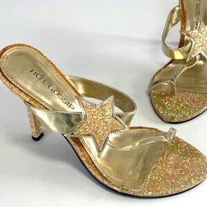 Y2K Vintage Sparkle STAR Glitter Gold Strappy Heels